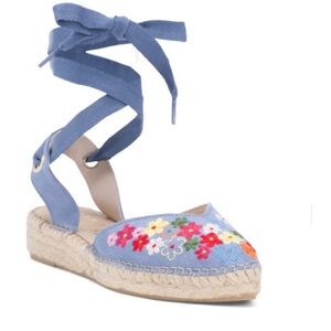 Fabiolas Blue Floral Lace-Up Espadrilles Embroidered Sandals size 40/9 NEW